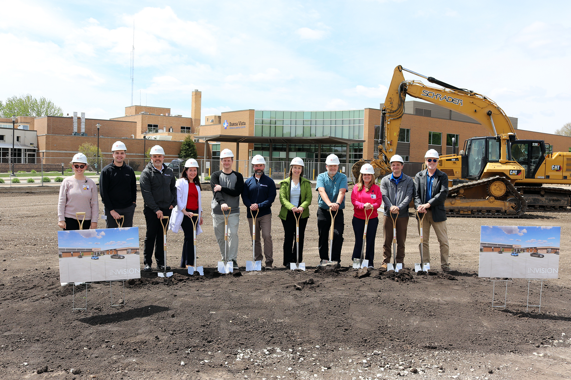 Photo of BVRMC retail pharmacy staff and Storm Lake UnityPoint providers with shovels on construction site breaking ground on new project